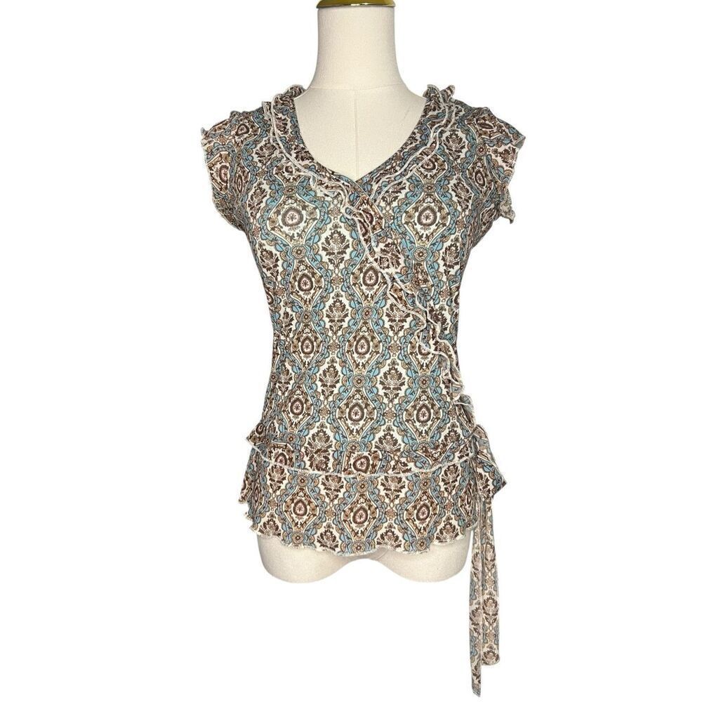 DKNY Women’s Petite Small V-Neck Top Brown Teal Ruffle Tie Y2K
